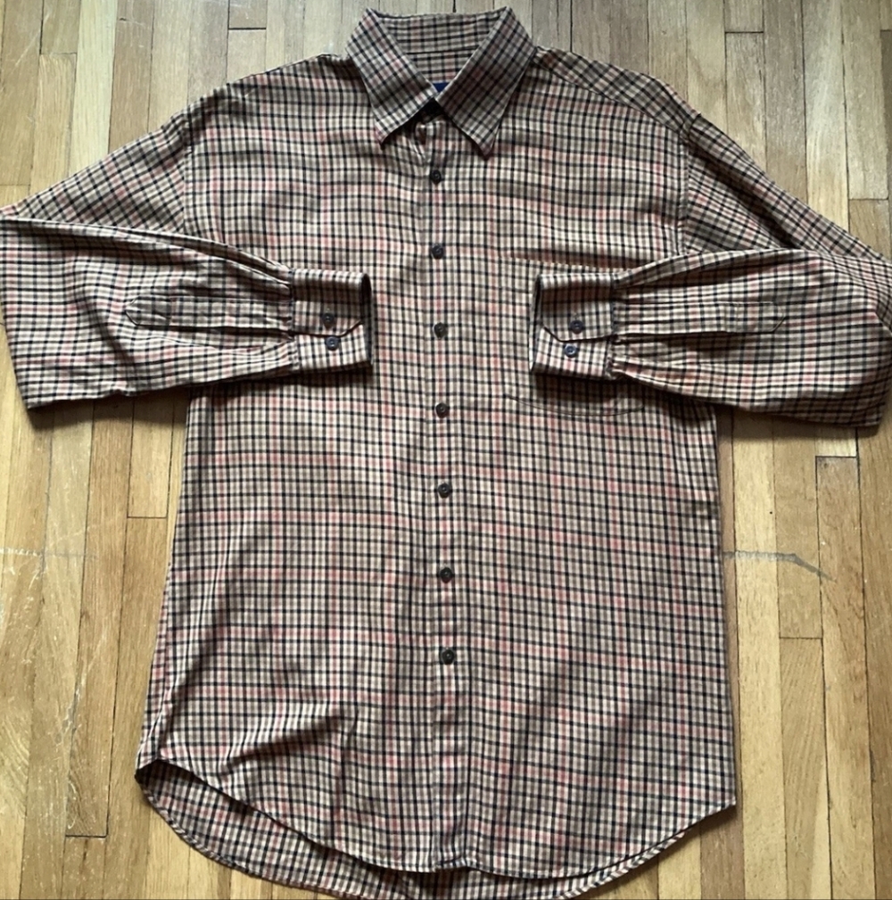 Scott Barber Men's Large Beige/Red Checkered Button Front Shirt,100% Cotton